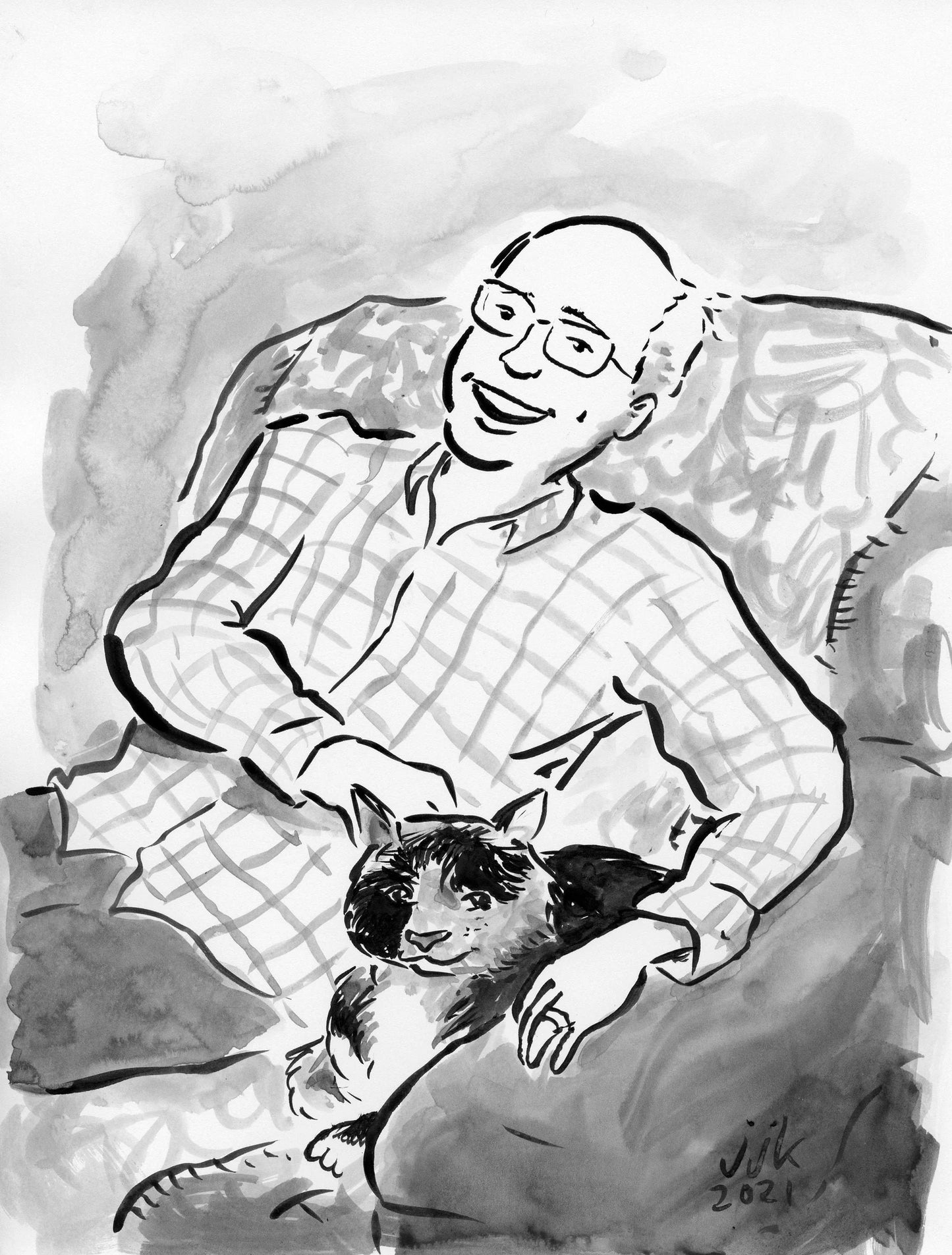 Grandparent and Grandkid Ink Drawing by Jarrett J. Krosoczka
