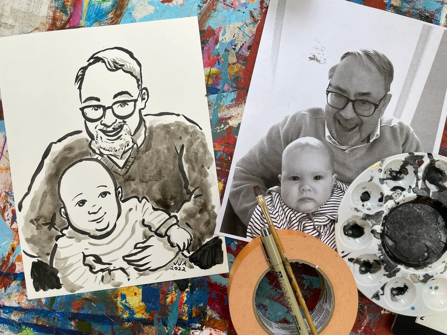 Grandparent and Grandkid Ink Drawing by Jarrett J. Krosoczka