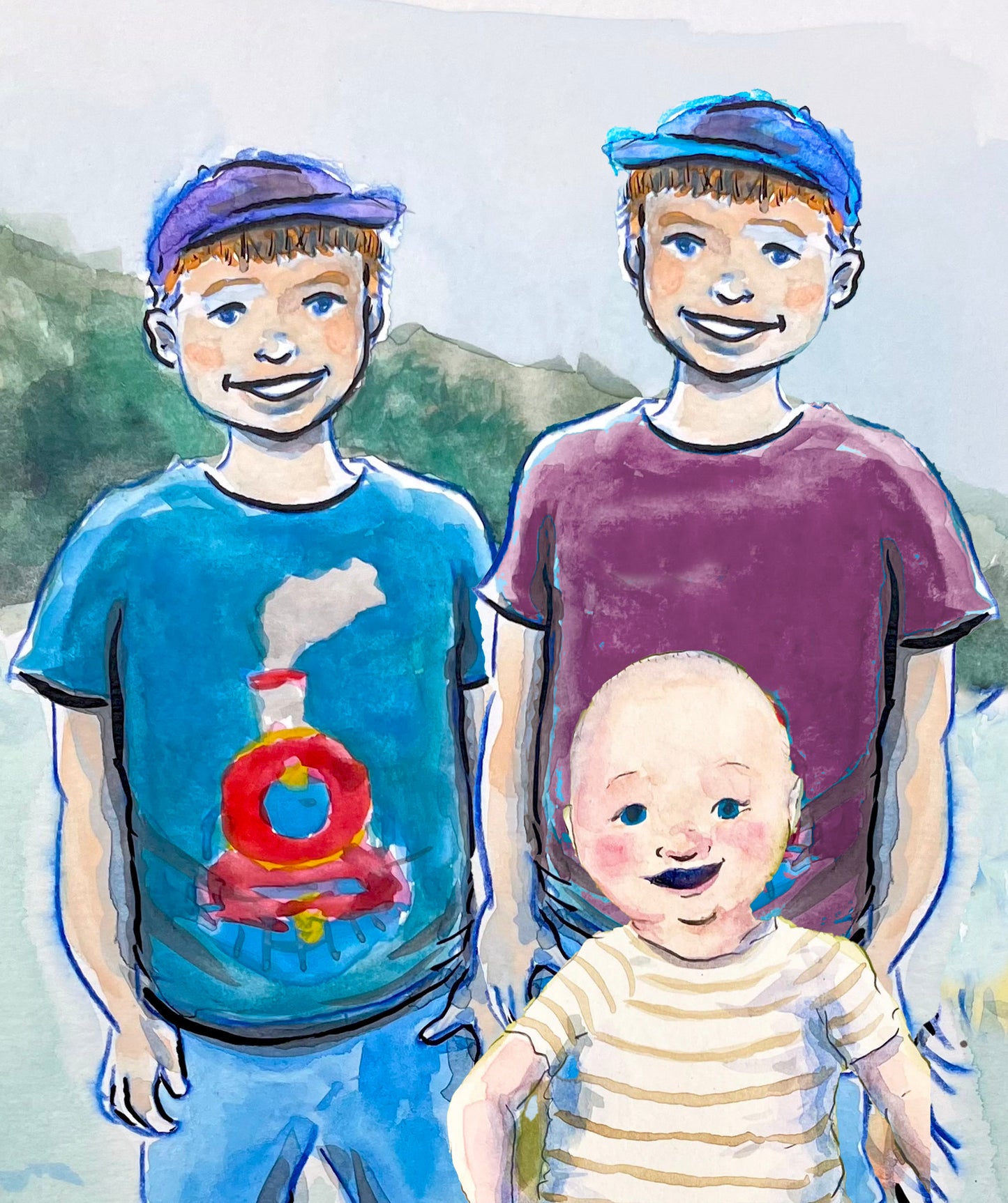 Watercolor of Three Family Members by Jarrett J. Krosoczka