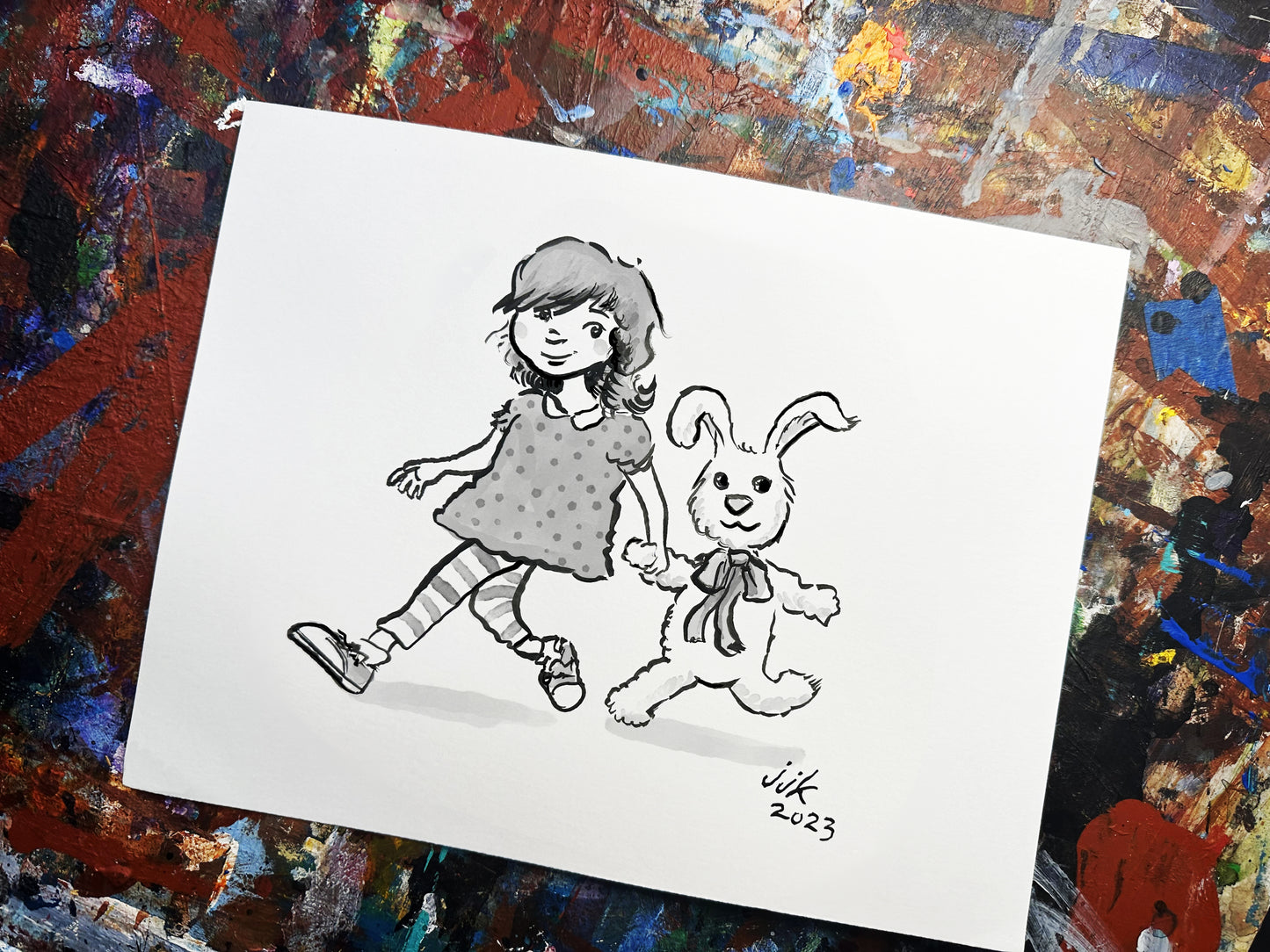 Your Kid with their Beloved Stuffie whimsically drawn by Jarrett J. Krosoczka! B&W