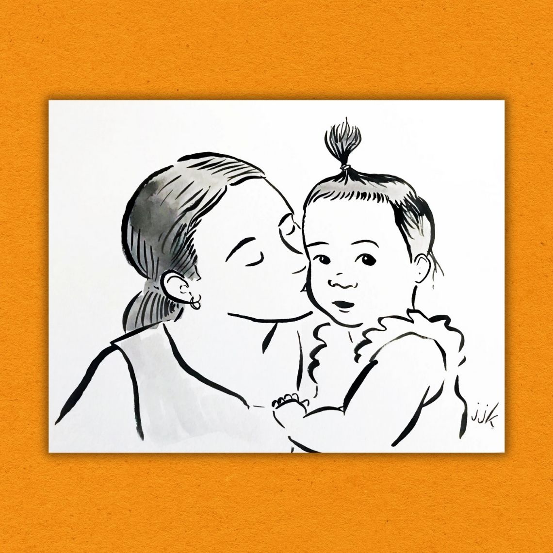 Your Kid & their Mom drawn in ink by Jarrett J. Krosoczka