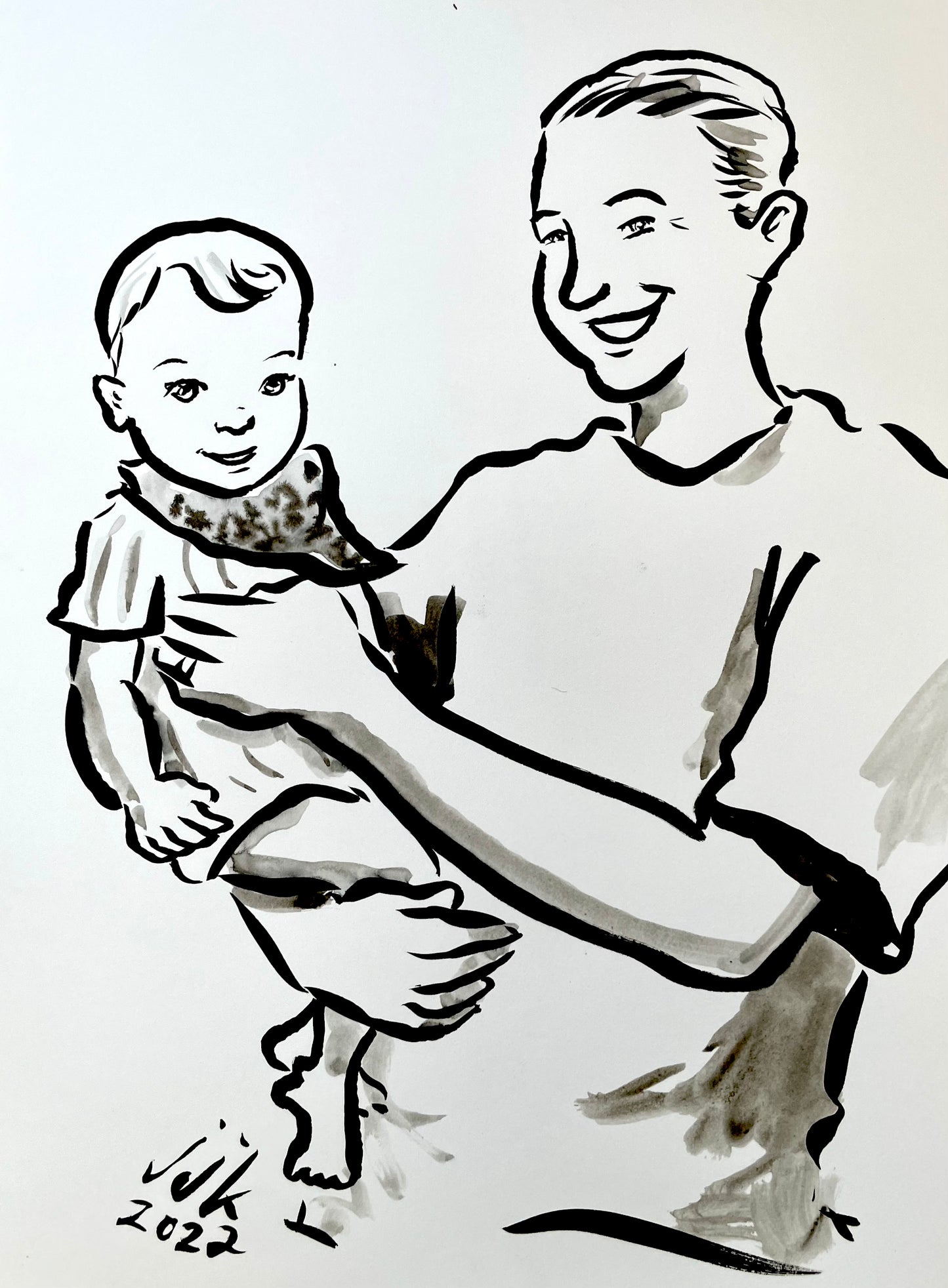 Grandparent and Grandkid Ink Drawing by Jarrett J. Krosoczka