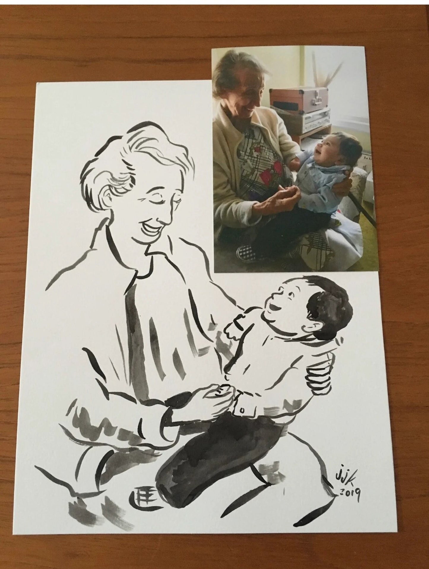 Grandparent and Grandkid Ink Drawing by Jarrett J. Krosoczka