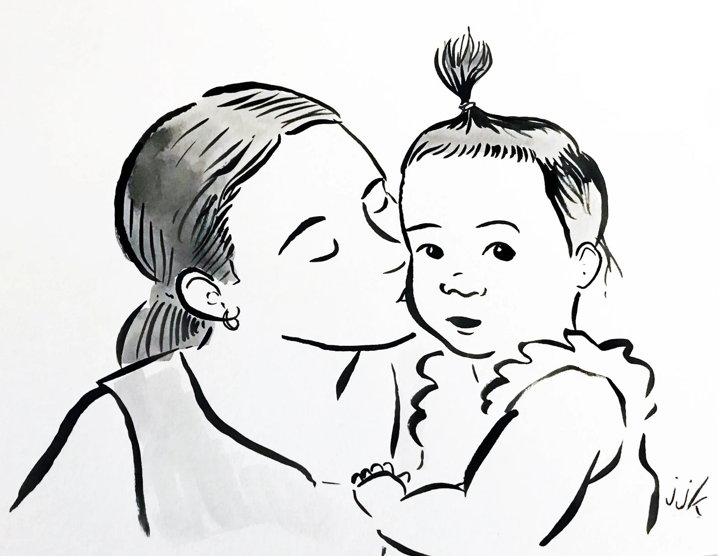 Your Kid & their Mom drawn in ink by Jarrett J. Krosoczka