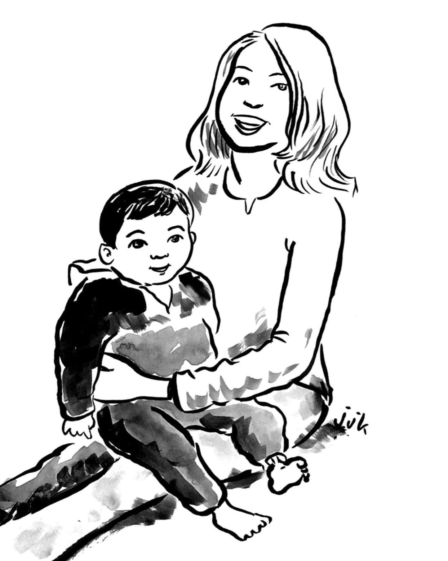 Your Kid & their Mom drawn in ink by Jarrett J. Krosoczka