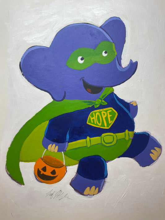 Elephant Trick-or-Treating as a Superhero